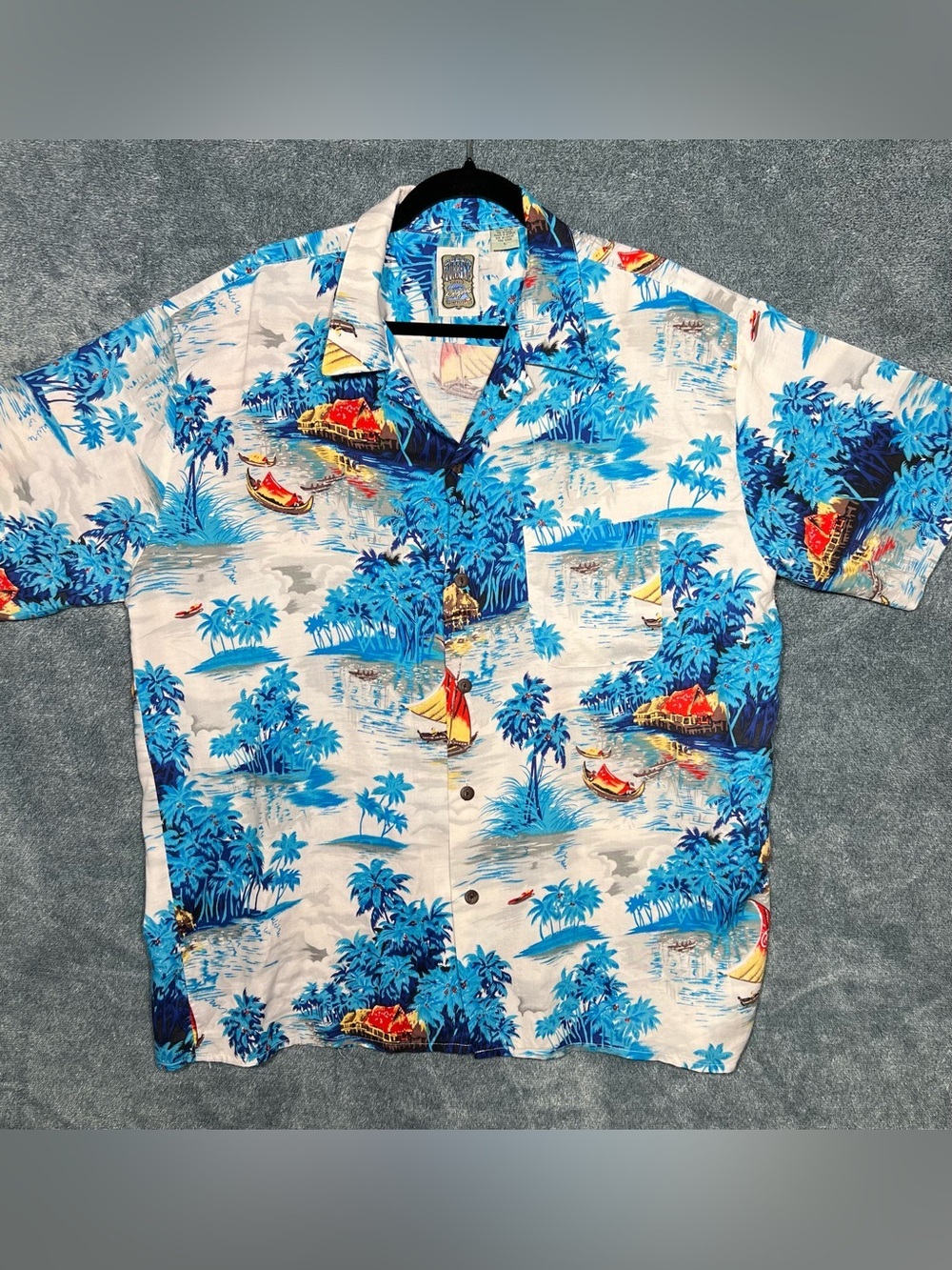 Men’s Hawaiian Shirt Blue Tropical Ocean Current Large Rayon